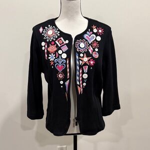 Bob Mackie Jubilation Embroidered Black Cat Cardigan Size Medium